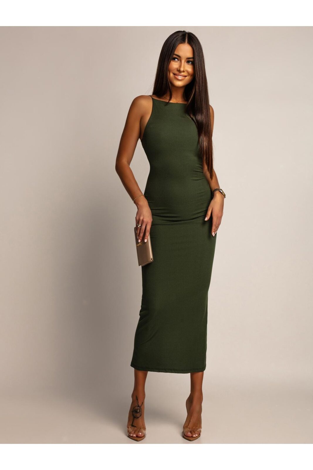 sukienka khaki1 PRĄŻKOWANA SUKIENKA MIDI DOLCE KHAKI - obrazek 1